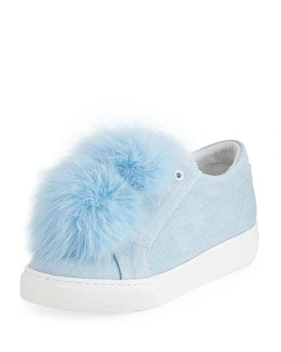 Here/now Stella Denim Fur Pompom Sneaker In Blue