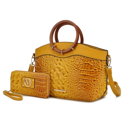 Mkf Collection By Mia K Phoebe Faux Crocodile-embossed Vegan Leather Women's Tote With Wristlet Wallet Bag - 2 Pieces In Yellow