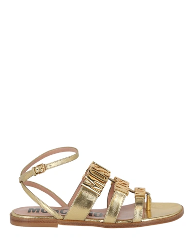 Moschino Degrade Metal Logo Leather Sandal In Gold