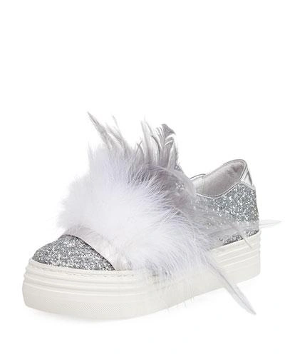 Here/now Kate Feather-embellished Glitter Sneakers, Silver