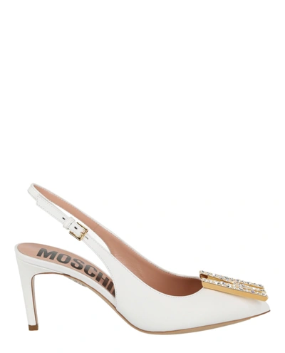 Moschino Crystal M-logo Slingback Pumps In White