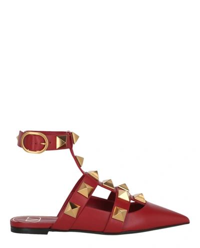 Valentino Garavani Roman Stud Leather Ankle Strap Flat In Red