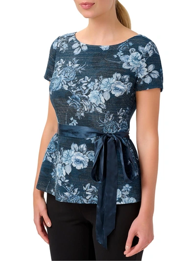 Adrianna Papell Womens Floral Ribbed Pullover Top In Blue