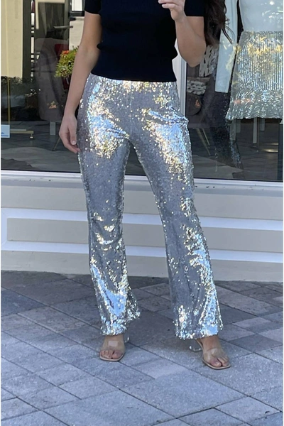 2.7 August Apparel Sequin Flare Pants In Silver