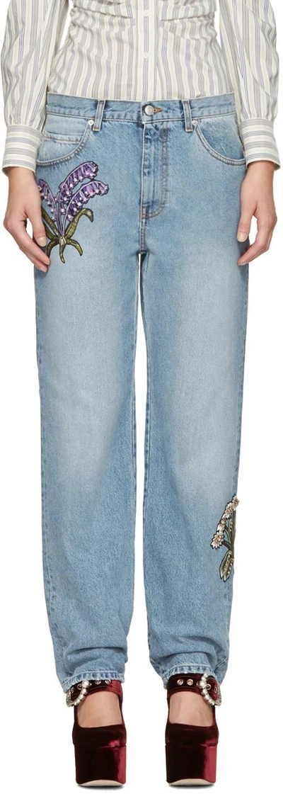 Alexander Mcqueen Blue Embroidered Floral Boyfriend Jeans In Faded Blue