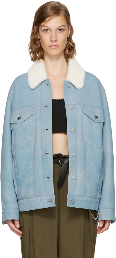 Alexander Wang Oversized Shearling Denim-look Leather Jacket In Blue