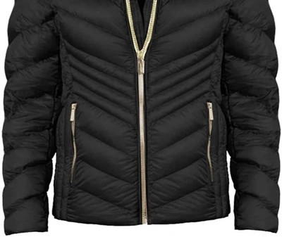 Michael Kors Women's Chevron Double Layer Zipper 3/4 Hooded Packable Coat In Black