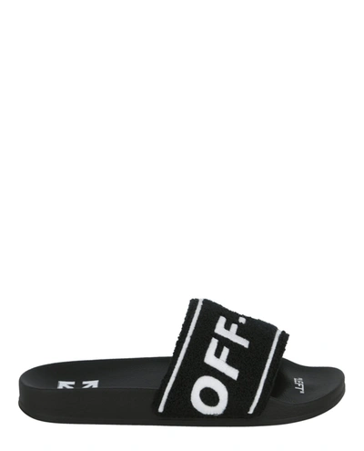 Off-white Logo-embroidered Terry Slides In Black