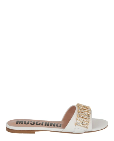 Moschino Crystal-embellished Logo Leather Sandal In White