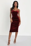 Lulus Plush Personality Wine Red Velvet Ruched Bodycon Midi Dress In Wine Red