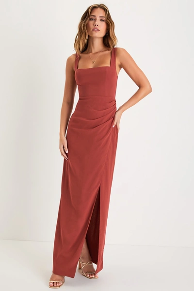 Lulus Glamorous Disposition Rust Ruched Maxi Dress In Orange