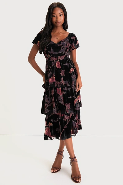 Lulus Oh-so Lovely Black Floral Burnout Velvet Tiered Midi Dress