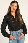 Lulus Effortless Flirt Black Floral Burnout Sheer Button-up Top In Black