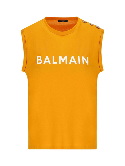 Balmain Logo Printed Sleeveless Top In Orange/blanc