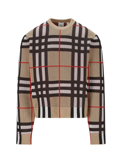Burberry Check Technical Cotton Sweater In Neutrals