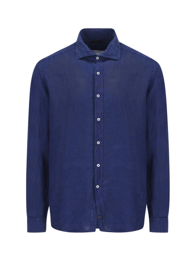 Fay Logo Patch Long Sleeved Buttoned Shirt In Blue