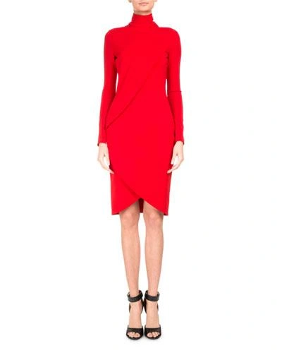 Givenchy Draped Long-sleeve Mock-neck Dress In Bright Red