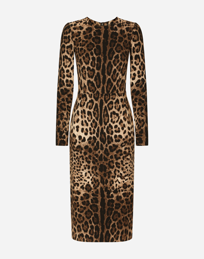 Dolce & Gabbana Leopard-print Cady Dress With Long Sleeves In Hy13m