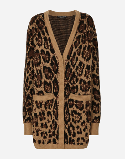 Dolce & Gabbana Long Wool And Cashmere Cardigan With Jacquard Leopard Design