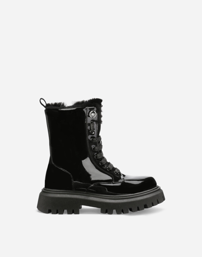 Dolce & Gabbana Patent Leather Combat Boots With Faux Fur Lining