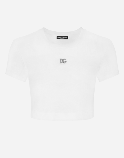 Dolce & Gabbana Logo-plaque Cotton Cropped T-shirt In Optical White