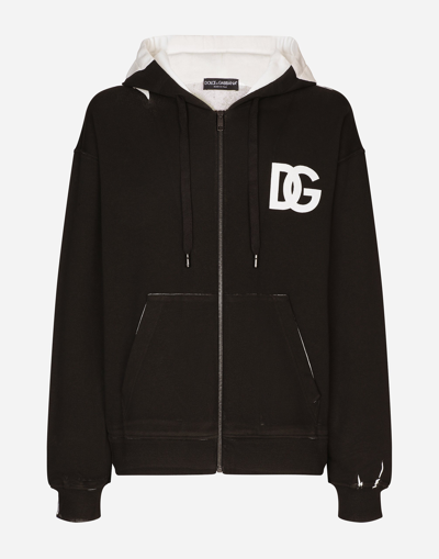 Dolce & Gabbana Dg Logo Print Jersey Hoodie With Zipper In Black