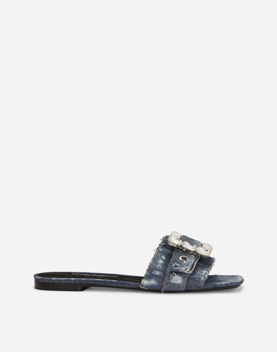 Dolce & Gabbana Patchwork Denim Slides With Rhinestone Buckle