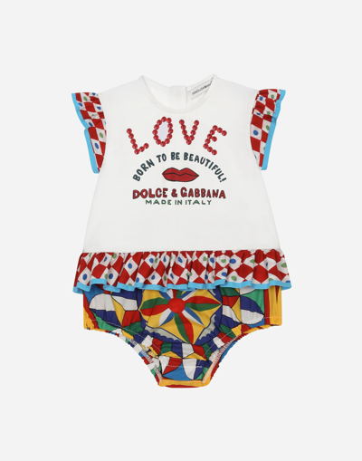 Dolce & Gabbana Babies' Carretto-print Poplin And Jersey Romper Suit In White