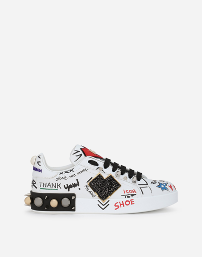 Dolce & Gabbana Printed Calfskin Portofino Sneakers With Patch In White