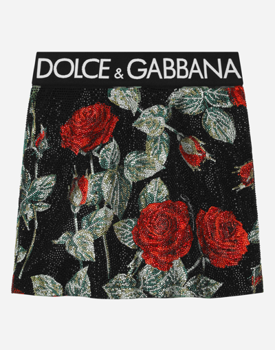 Dolce & Gabbana Kids' Charmeuse Miniskirt With Branded Elastic And Rose Print