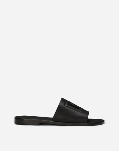 Dolce & Gabbana Black Sandals With Dg Logo Cut-out In Leather Man In Gray