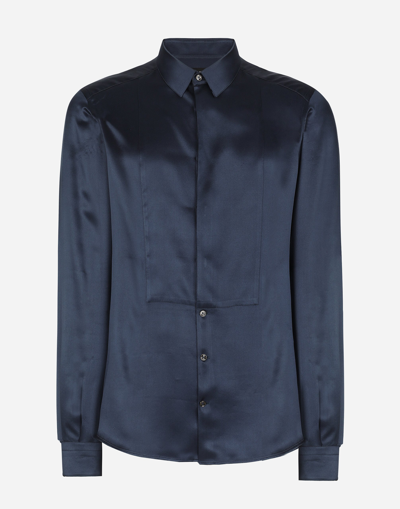 Dolce & Gabbana Long-sleeved Satin-finish Silk Shirt In Blue