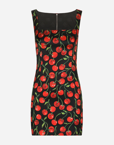 Dolce & Gabbana Short Cherry-print Satin Dress In Black