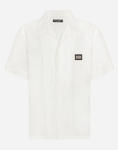 Dolce & Gabbana Linen Hawaiian Shirt With Logo Tag In White