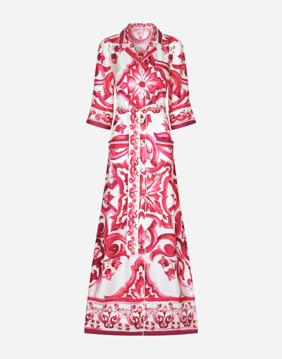 Dolce & Gabbana Majolica-print Silk-twill Shirt Dress In Pink White