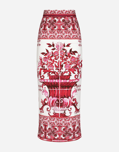 Dolce & Gabbana Majolica-print Charmeuse Calf-length Skirt In Pink & Purple