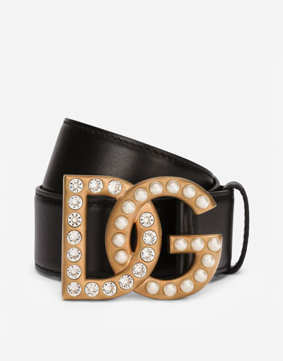 Dolce & Gabbana Calfskin Belt With Bejeweled Dg Logo In Black_multicolor