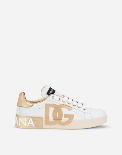 Dolce & Gabbana Calfskin Portofino Sneakers With Dg Logo In White