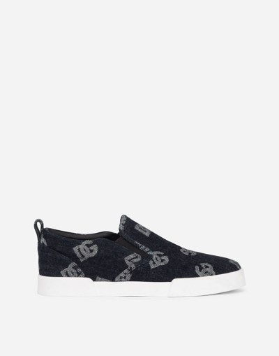 Dolce & Gabbana Portofino Slip-on Sneakers With Denim Logo In Black