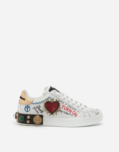 Dolce & Gabbana Printed Calfskin Nappa Portofino Sneakers With Patch And Embroidery In Multicolor