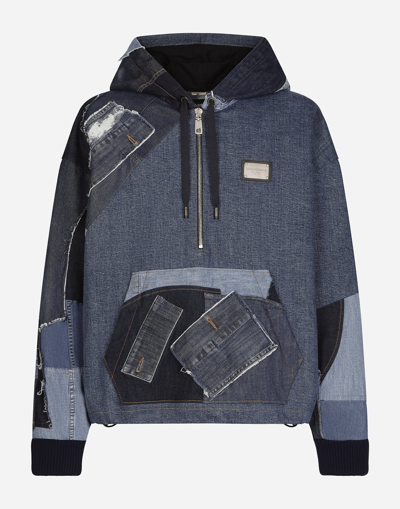 Dolce & Gabbana Denim-patchwork Pullover Hoodie In Blue