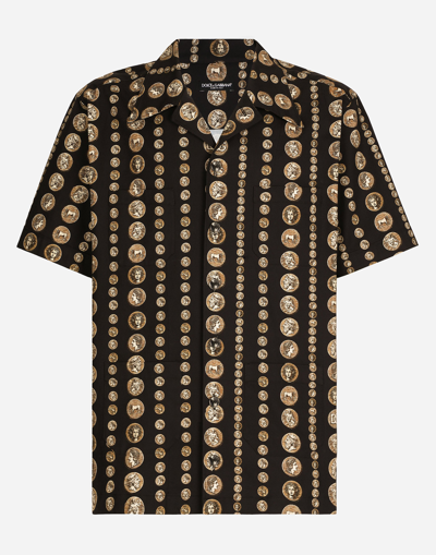 Dolce & Gabbana Coin Print Stretch Drill Hawaiian Shirt In Black