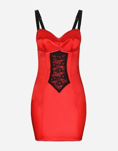 Dolce & Gabbana Short Satin Dress With Lace Details In Blood Red