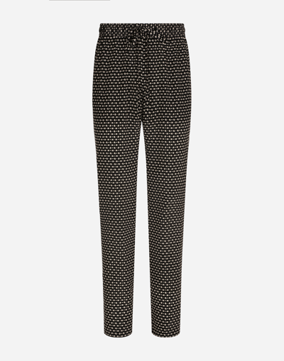 Dolce & Gabbana Crepe De Chine Jogging Trousers With Dg Logo Print In Black