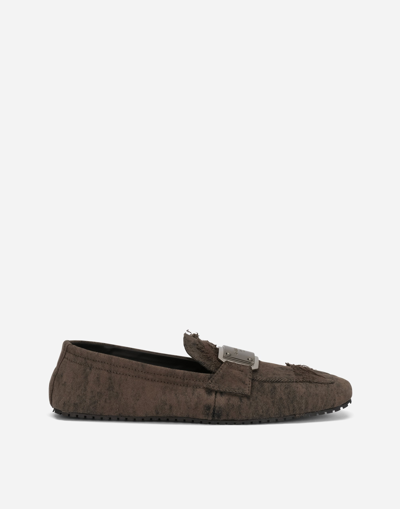Dolce & Gabbana Patchwork Denim Loafers With Logo Tag In Brown