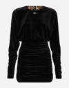 Dolce & Gabbana Short Draped Velvet Dress With Dg Logo In Black