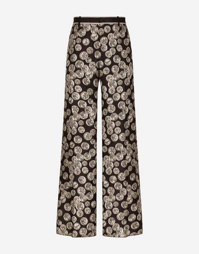 Dolce & Gabbana Coin Print Wide Leg Silk Trousers