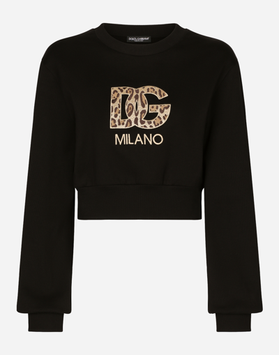 DOLCE & GABBANA CROPPED JERSEY SWEATSHIRT WITH EMBROIDERED DG PATCH