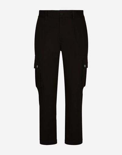 Dolce & Gabbana Cotton Cargo Trousers With Branded Tag In Black