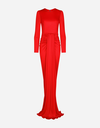 Dolce & Gabbana Long Organzine Dress With Draping In Red